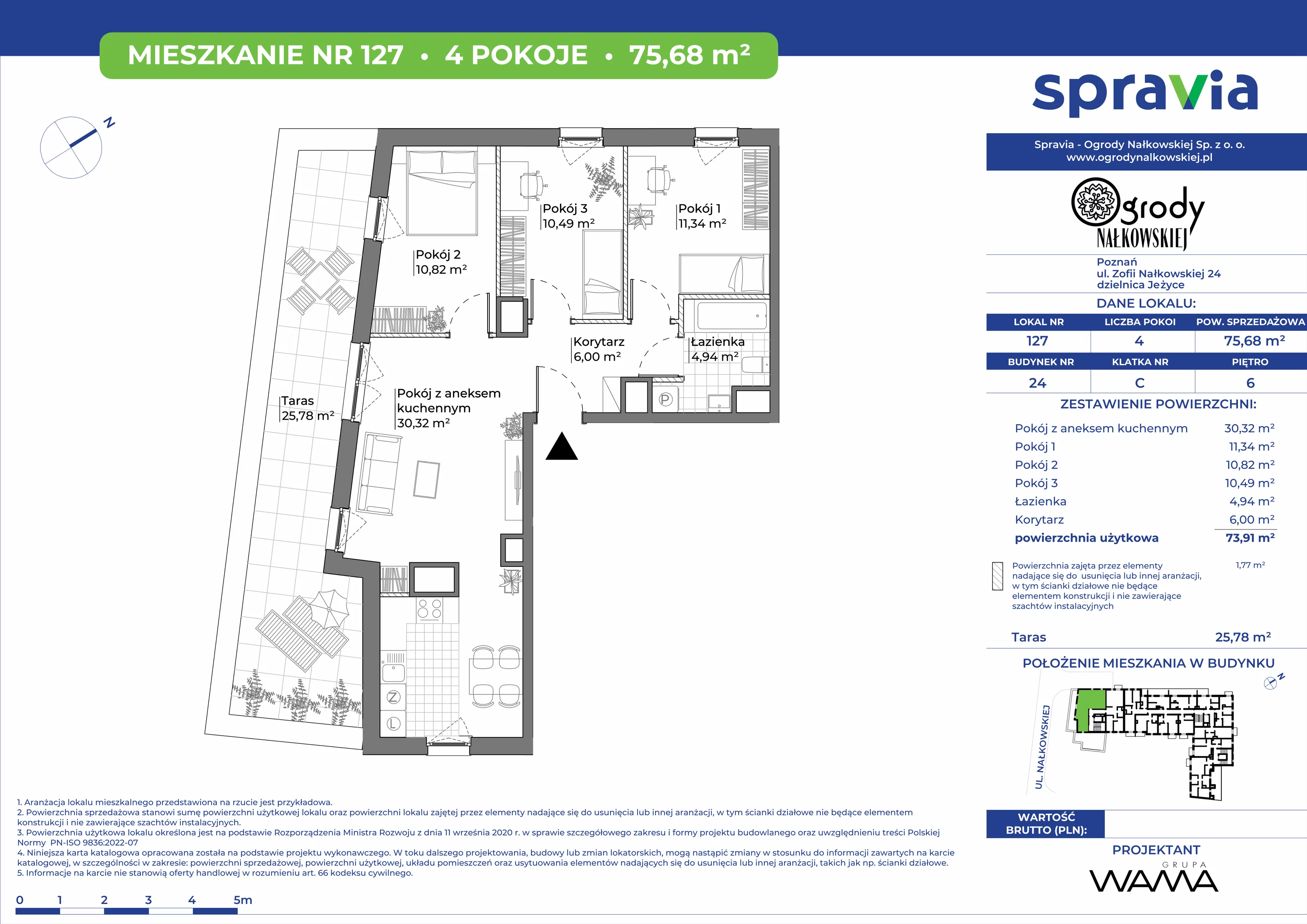 4 pokoje, mieszkanie 75,68 m², piętro 6, oferta nr 24-127, Ogrody Nałkowskiej, Poznań, Ogrody, ul. Nałkowskiej 24, 26